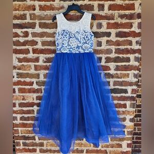Elegant Blue and White Lace Kids Dress